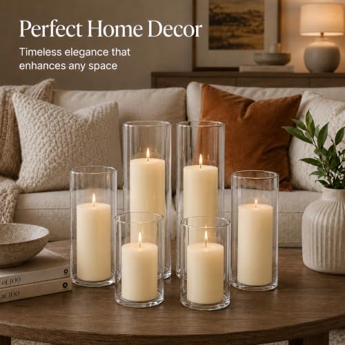 Set of 12 Pillar Candles with Clear Glass Hurricane Holders- Elegant Cylinder Candle Vases for Weddings, Parties, Centerpieces, Home & Office Decor - Image 2