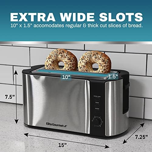 Elite Gourmet ECT-3100 Long Slot 4 Slice Toaster, Reheat, 6 Toast Settings, Defrost, Cancel Functions, Built-in Warming Rack, Extra Wide Slots for Bagels Waffles, Stainless Steel & Black - Image 2