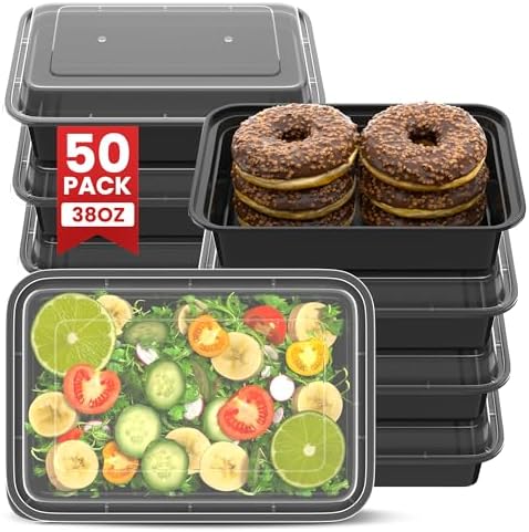 38oz Meal Prep Containers [50-Pack], Reusable Bento Box with Easy-Snap Leakproof Lids - Microwave, Dishwasher & Freezer Safe Food Storage, BPA-Free Plastic Lunch Containers (Black) by Unknown