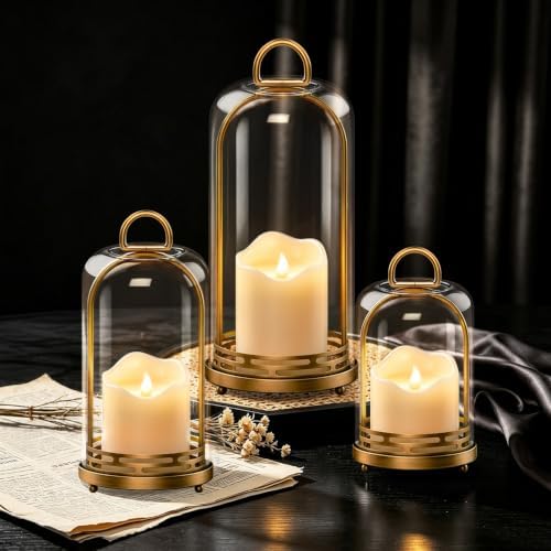 Candle Holder with Flameless Candles & Glass Dome, Set of 3 by ATEMANS
