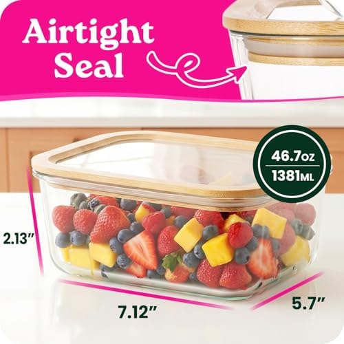 4-Pack Glass Food Storage Containers with Clear-Top Bamboo Lids – Plastic Free 46.7 Oz Glass Meal Prep Containers for Lunch, Eco Friendly Airtight Food Storage, Microwave & Oven Safe (46.7 Fl Oz) - Image 6