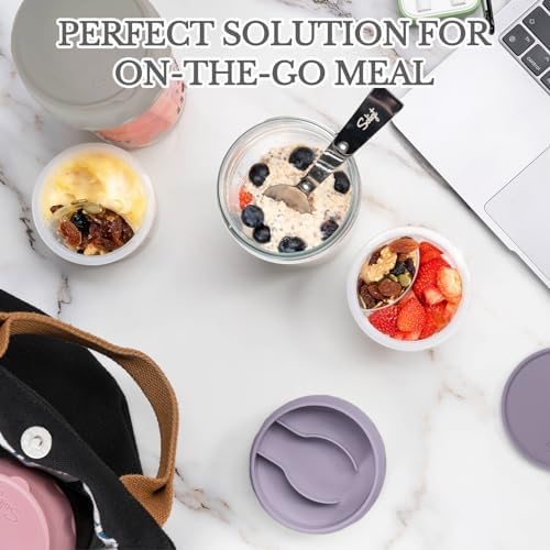 SOLIGT Overnight Oats Containers with Lids, Folding Spoons and Divided Compartment for Fruit & Nuts, Small Glass 16oz Mason Jars for Oatmeal Yogurt Parfait (2 Set-Smoke Gray/Oat White) - Image 6