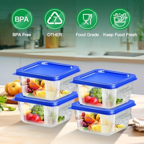 4 pcs 2qt Food Storage Containers with Lid, Square Clear Commercial Food Storage Containers with Handle and Scale for Food Storage in Home Kitchen & Dining (Blue) - Image 2