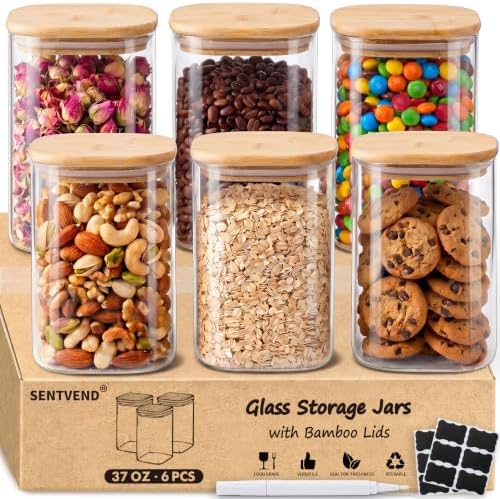 SENTVEND 37 Oz Glass Jars - 6 Pack Food Storage Containers with Lids Square by SENTVEND