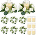 White Rose Candle Rings with Flameless Candles Sets - 12PCS Artificial Flower Eucalyptus Wedding Centerpiece 3 Inch Pillar Candleholders Wreaths for Wedding Party Decor (White - 6 Sets) by ACMEE