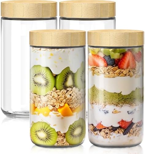 24 oz Glass Overnight Oats Containers, Mason Jars with Bamboo Lids, 4 Pack by HomArtist