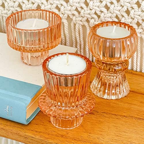 Kate Aspen Glass Taper Candle Holder Set of 6 - Rose Gold Ribbed Vintage Candlestick Votive Pillar Decorative Centerpiece for Dining Table Shelf Decor - Image 5