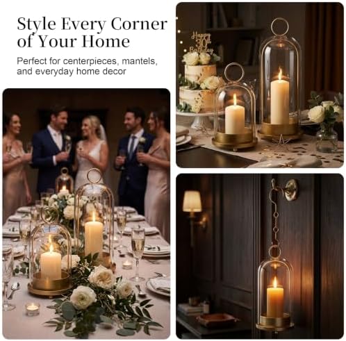 Fohil Hurricane Glass Candle Holders, Set of 2 Metal Candle Holder with Handmade Sturdy Glass Dome, 5" & 4" Wide Candle Lantern for Pillar Candles, Plants, Table Centerpiece, Home Decor - Image 4