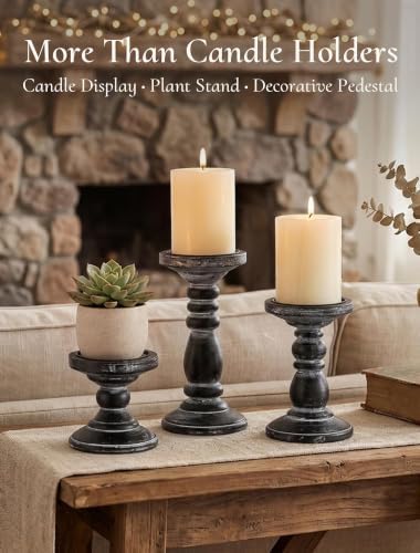 Wood Pillar Candle Holder: Rustic Distressed Black Candle Stand - Image 5