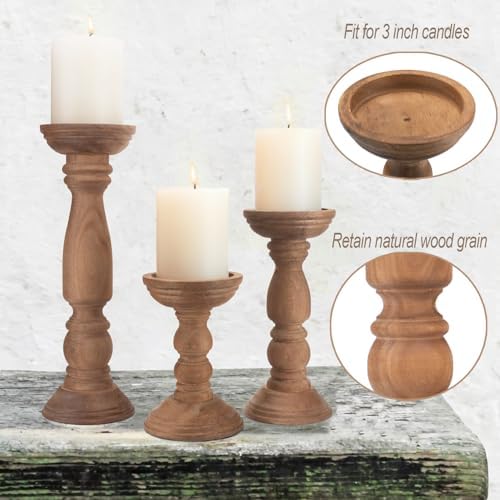 BANOMII Farmhouse Wooden Candle Holders for Pillar Candles Set of 3, Rustic Wood Candle Holder Table Centerpiece Decor, 12'' 9'' 6'' Vintage Tall Candle Stand Decorative, Brown - Image 2