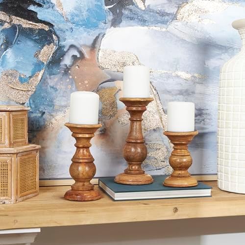 Deco 79 Mango Wood Candle Holders, Set of 3, 10", 8", 6"H, Brown - Image 2