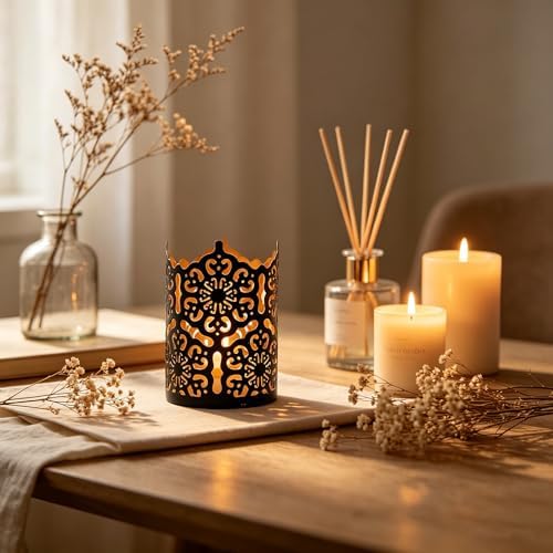 Hosley Set of 3 Black Metal Candle Holders 4 Inch High - Lattice Cut Lanterns for Table Centerpiece, Wedding, Home Decor, Indoor Outdoor - Image 2