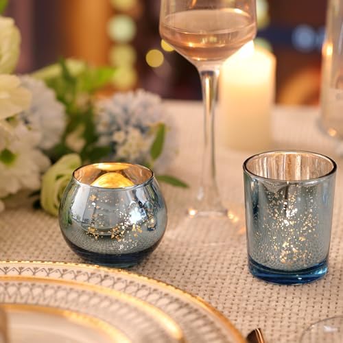Volens 24PCS Blue Votive Candle Holder Bulk, Round Mercury Glass Votives - Image 3