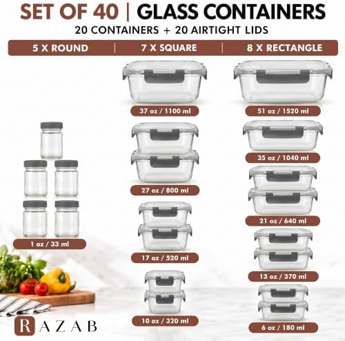 Razab 40 PC Glass Kitchen Storage Containers with Lids, Stackable Set - Image 2
