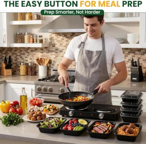 50 Pack 28oz Meal Prep Containers Reusable with Easy Open Lids, Sturdy Leakproof Food Safe, To Go Take Out Plastic Food Storage Containers with Lids, Microwave Freezer Dishwasher Safe, Black - Image 2