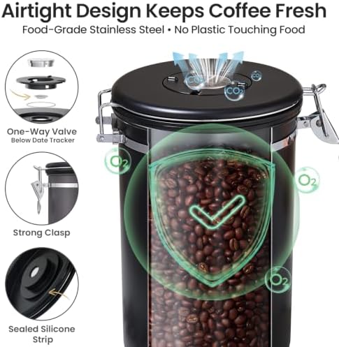 Veken Coffee Canister,39OZ, 2.2lbs,Large Airtight Stainless Steel Container - Image 4