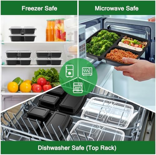 Dealusy 50 Pack 32 oz Meal Prep Containers with Lids 3-Compartment, Black - Image 5