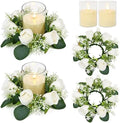 White Rose Candle Rings with Flameless Candles Sets - 4PCS Artificial Flower Eucalyptus Wedding Centerpiece 3 Inch Pillar Candleholders Wreaths for Wedding Party Decor (White - 2 Sets) by ACMEE