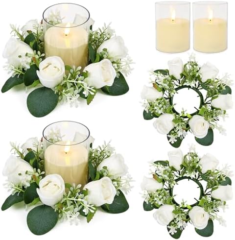 White Rose Candle Rings with Flameless Candles Sets - 4PCS Artificial Flower Eucalyptus Wedding Centerpiece 3 Inch Pillar Candleholders Wreaths for Wedding Party Decor (White - 2 Sets) by ACMEE