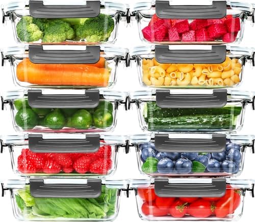 Skroam 10 Pack Glass Meal Prep Containers, 22 OZ Glass Airtight Food Storage Containers with Lids, Pantry Kitchen Storage Containers for Lunch, Food Storage, Meal Prep, Lunch Bento Boxes by Skroam