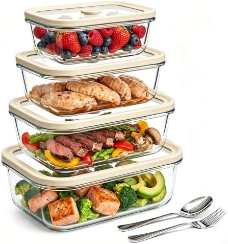 Multi-Size Glass Food Storage Containers with Glass Lids, 4 Pack by Encheng