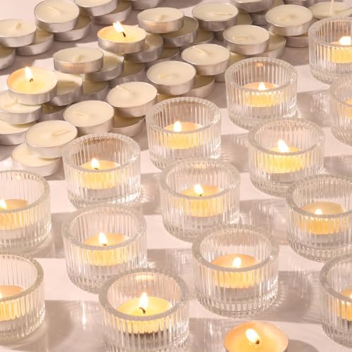 NITIME 30Pcs Clear Tealight Candle Holder with 32pcs Tea Light Candles, Ribbed Votive Candle Holders Glass for Table Centerpiece, Wedding Decor, Home and Holiday Decor by NITIME
