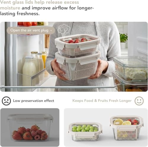 GENICOOK Glass Fruit Storage Containers for Fridge, 2 Set Produce Containers with Removable Colanders & Vent Glass Lids, Airtight Fruit & Vegetable Storage, BPA Free Borosilicate Glass - Image 4