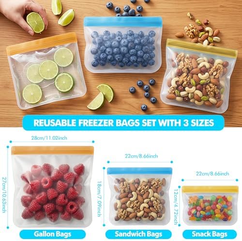 20 Pack Reusable Bags Dishwasher Safe, Leakproof Silicone Reusable Freezer Bags, Food Storage Bags BPA Free, Colored Baggies for Marinate Meats, Veggies, Salad Fruits (8 Gallon 6 Sandwich 6 Snack) - Image 2