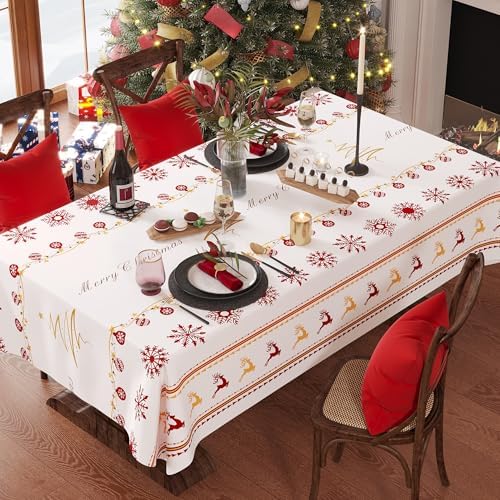 Christmas Rectangle Table Cloth,100% Waterproof Tablecloth,Christmas Decorations for Home, Vinyl Tablecloth Plastic Table Cover for Party，Picnic,Dining,Outdoor 54" x 120",Merry Ribbon by Unknown