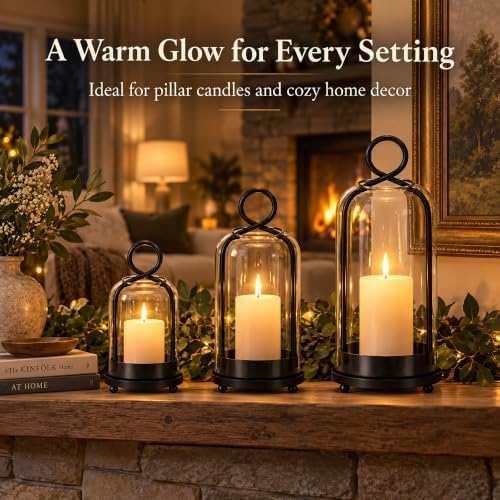Hurricane Glass Candle Holders Set of 3, Metal Candle Lanterns with Hooks - Image 2