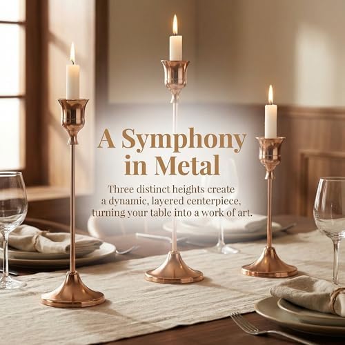 Set of 3 French Gold Tapered Candle Holder,Candlestick Tall Metal Candlestick Holders for Table Centerpiece Home Decor for Wedding Fireplace Mantel Housewarming Gift Fits 3/4 Inch Thick Candles - Image 4