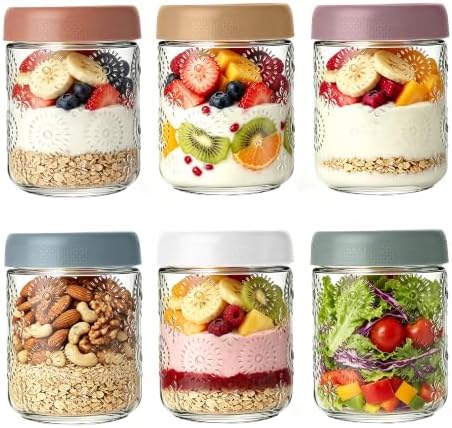 6 PCS 16 oz Overnight Oats Containers with Lids, Glass jars with Airtight Lids,Wide mouth Mason Salad jars, Glass Food Storage Containers for Snacks Yogurt Spice Sugar Yogurt, Oatmeal, Salad, Spices by Fondpen