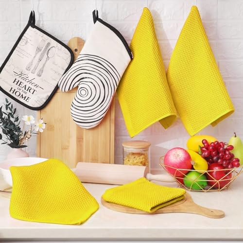 Homaxy 100% Cotton Waffle Weave Kitchen Dish Cloths 6-Pack, Yellow - Image 6