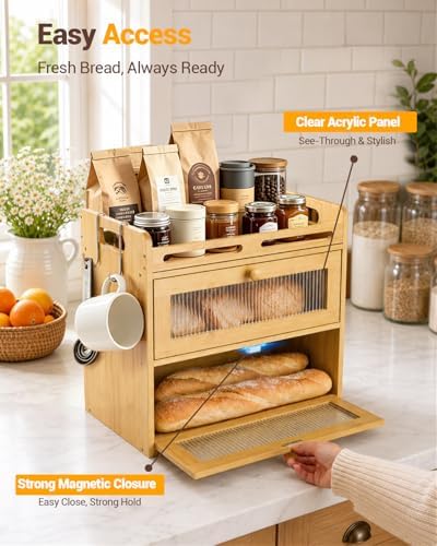 Bread Box for Kitchen Countertop, 2-Tier Bamboo Storage with Top Shelf - Image 4