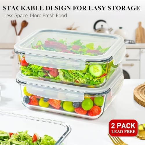 2 Pack 78 Oz / 9.8 Cups Large Glass Food Storage Containers with Lids, Meal Prep Containers for Baking, Serving, Glass Storage Container, BPA Free, Leakproof, Freezer, Microwave/Oven Safe - Image 4