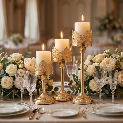 Candle Holder for Pillar Candle Set of 3, Gold Vintage Tall Candleholders for 3 Inch Pillars, Rustic Candle Stand for Fireplace Mantle Shelf Table Home Decor - Image 2