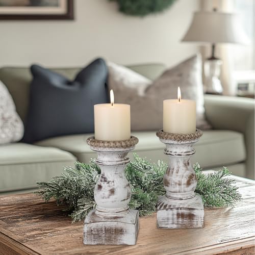 Candle Holder for Pillar Candle Set of 2, Farmhouse Wood Candle Holder, Rustic Wooden Candle Stand, Vintage Wooden Candlestick Holders Decorative for Living Room, Table Centerpiece, Washe White - Image 7