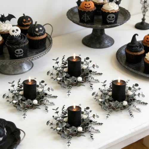 6 Pcs Grey Eucalyptus Halloween Mini Candle Ring Wreaths White Black Mini Pumpkin with Berry Accents Artificial Pillar Candle Holder Wreath for Gothic Rustic Home Cabinet Table Porch Decoration - Image 6