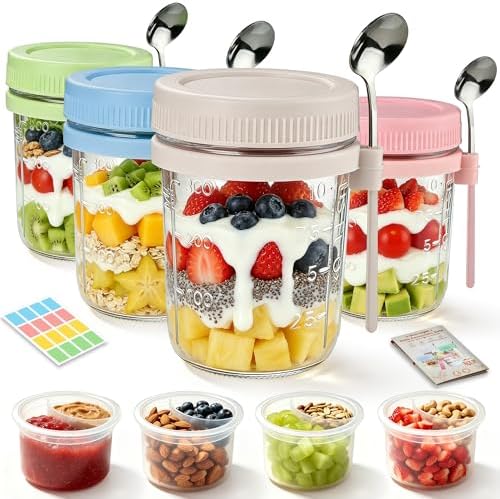 4Pcs Overnight Oats Containers with Lids and Spoons,16oz Glass Meal Prep Jars with Measurement Marks, Leak-Proof Breakfast Food Storage for Yogurt, Cereal, Salad, BPA-Free (4 Colors) by Evjeal