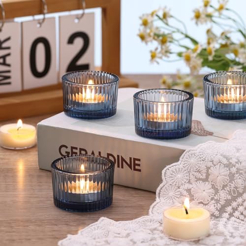 NITIME 30Pcs Blue Tealight Candle Holder, Ribbed Votive Candle Holders Glass with 32pcs Tea Light Candles for Wedding Decor, Home Decor and Party Decor - Image 5