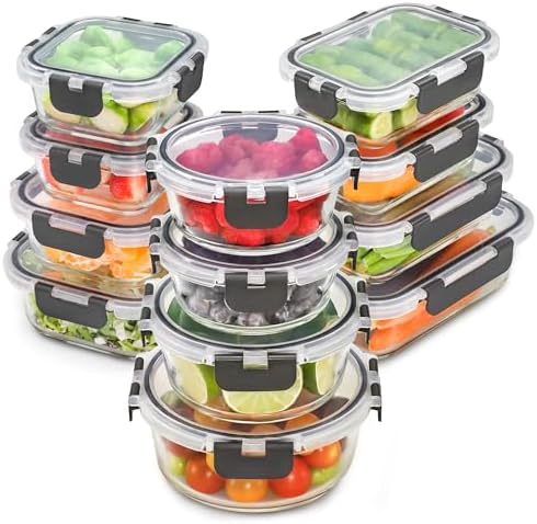 Freshware Glass Storage Containers with Lids, 24 Pieces, 12 Containers with 12 Lids, Glass Meal Prep Container for Lunch, Food Storage Containers, Leak Proof, Freezer Safe, Grey by Freshware