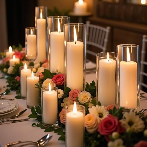 Homjoy 36 PCS White Pillar Candles with Glass Candle Holders Clear Hurricane Candle Holders Glass Cylinder Vases for Centerpieces Wedding Party, Event, Home Office (18 Candles+18 Candle Hoders) - Image 5