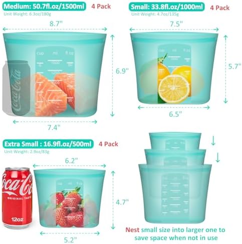 Reusable Food Bags, 12 Pack 100% Silicone Food Storage Bags Stand Up Zip Lock Container, Freezer Microwave Oven Dishwasher Safe, 4 Medium 4 Small 4 Extra Small, Aqua - Image 3