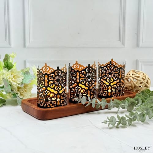 Hosley Set of 3 Black Metal Candle Holders 4 Inch High - Lattice Cut Lanterns for Table Centerpiece, Wedding, Home Decor, Indoor Outdoor - Image 6