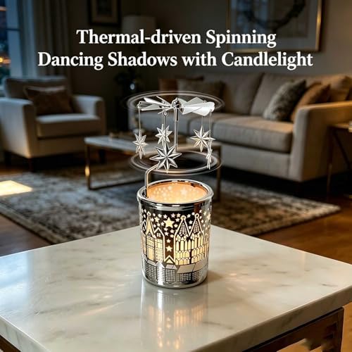 kingnero Gift Carousel Candle Tea Light Holder Rotary Candle Holder Spinning Candleholder Metal Windmill Candlestick for Home Decor (North Star) - Image 2