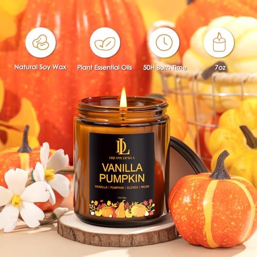 DL DREAMY DEWLA Fall Candle, Vanilla Pumpkin Scented for Home, 7oz Soy Wax - Image 2