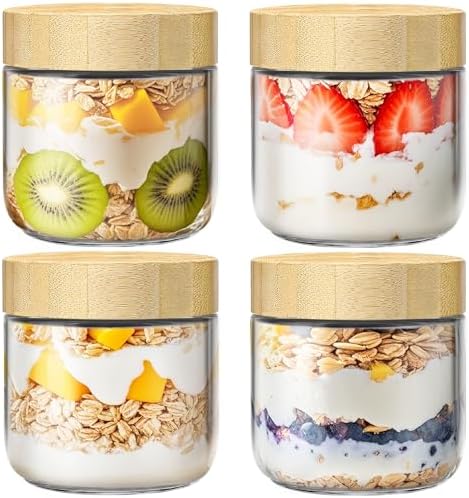 10 oz Overnight Oats Containers with Bamboo Lids, Glass Mason Jars 4 Pack by HomArtist