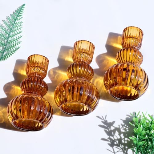 Woho Amber Taper Candle Holders 4.3" H for Halloween/Thanksgiving Decorations, Set of 3 Ribbed Glass Candlestick Holders Vintage for Fall Wedding, Boho Candle Sticks Holder Decor for Dining Table - Image 3