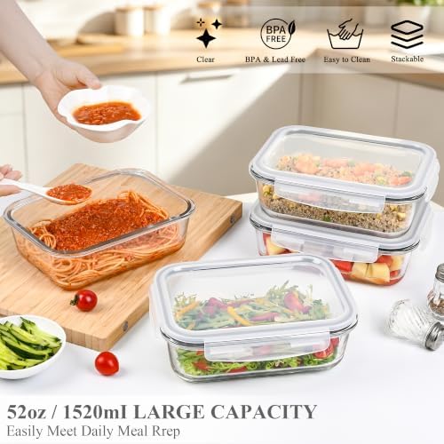 GEHE 4 Pack 52 oz Large Glass Food Storage Containers with Lids - Glass Meal Prep Containers For Baking, Storing, Airtight Lunch Container, Freezer, Dishwasher, Microwave and Oven Safe, BPA Free - Image 3