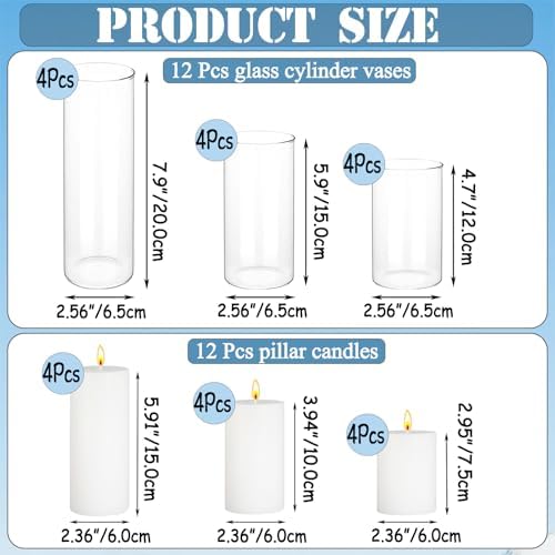 24 Pcs White Pillar Candles with Glass Candle Holder Hurricane Glass Candle Holders Clear Cylinder Vases for Centerpieces Wedding Office Party Home Table Decor - Image 3